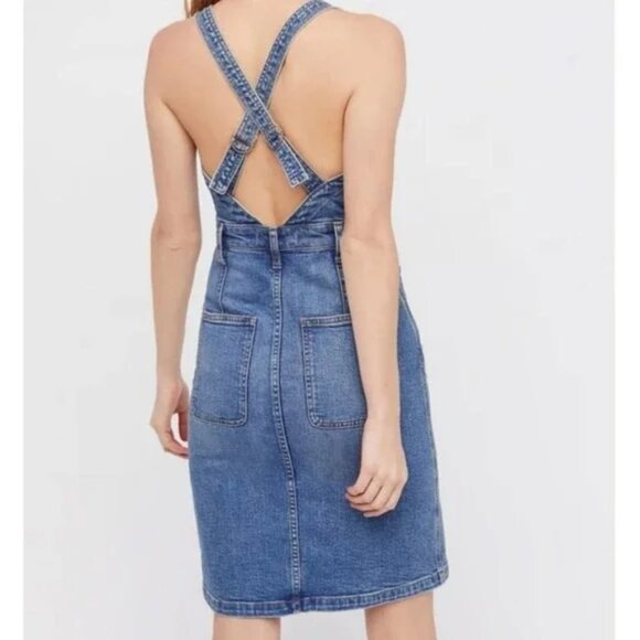 Free People Denim Button Front Gracie Pinafore Dress Size 8 - Picture 3 of 8